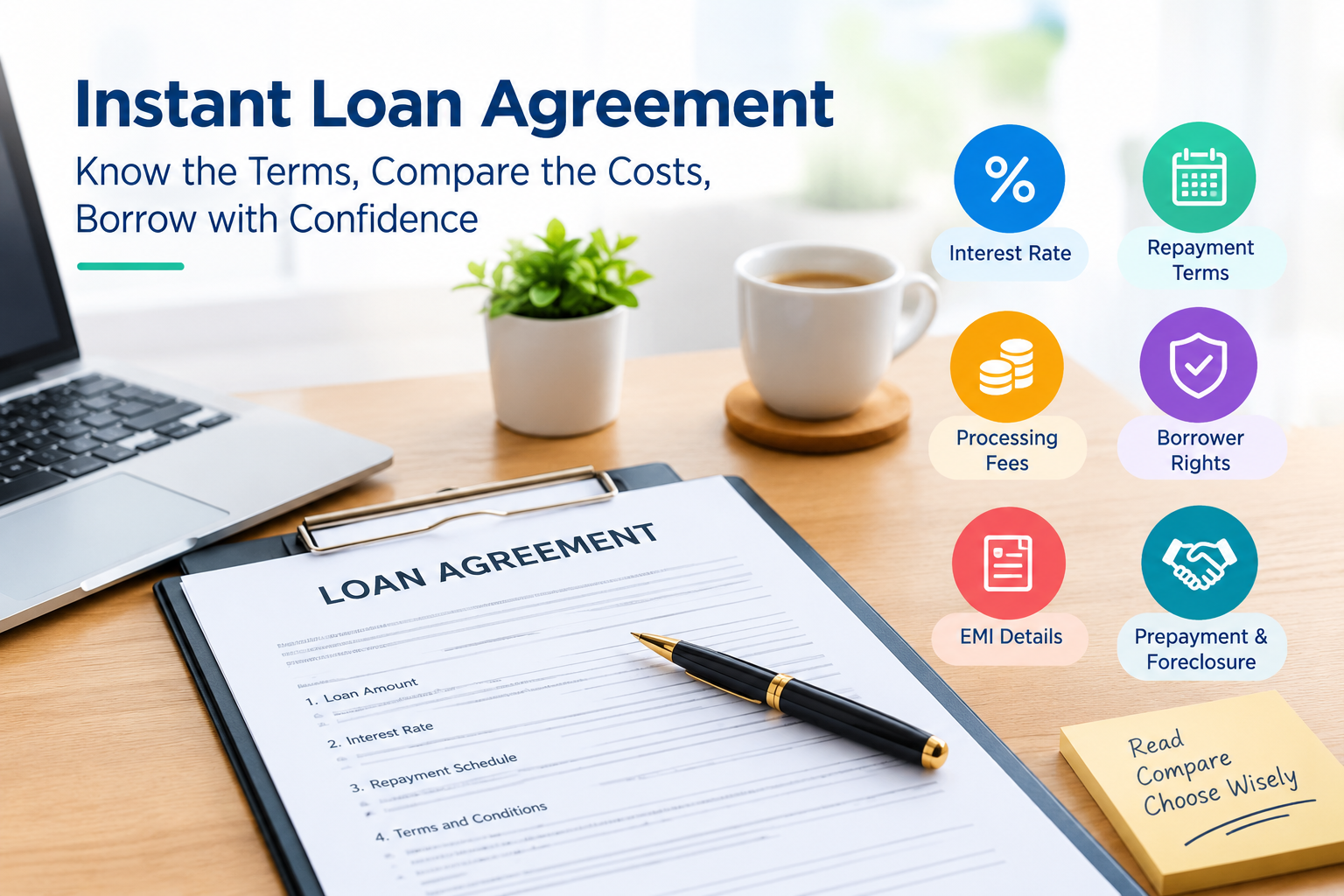 Instant loan agreement document on a modern desk with a laptop, pen, and icons representing interest rate, repayment terms, processing fees, EMI details, borrower rights, and prepayment.